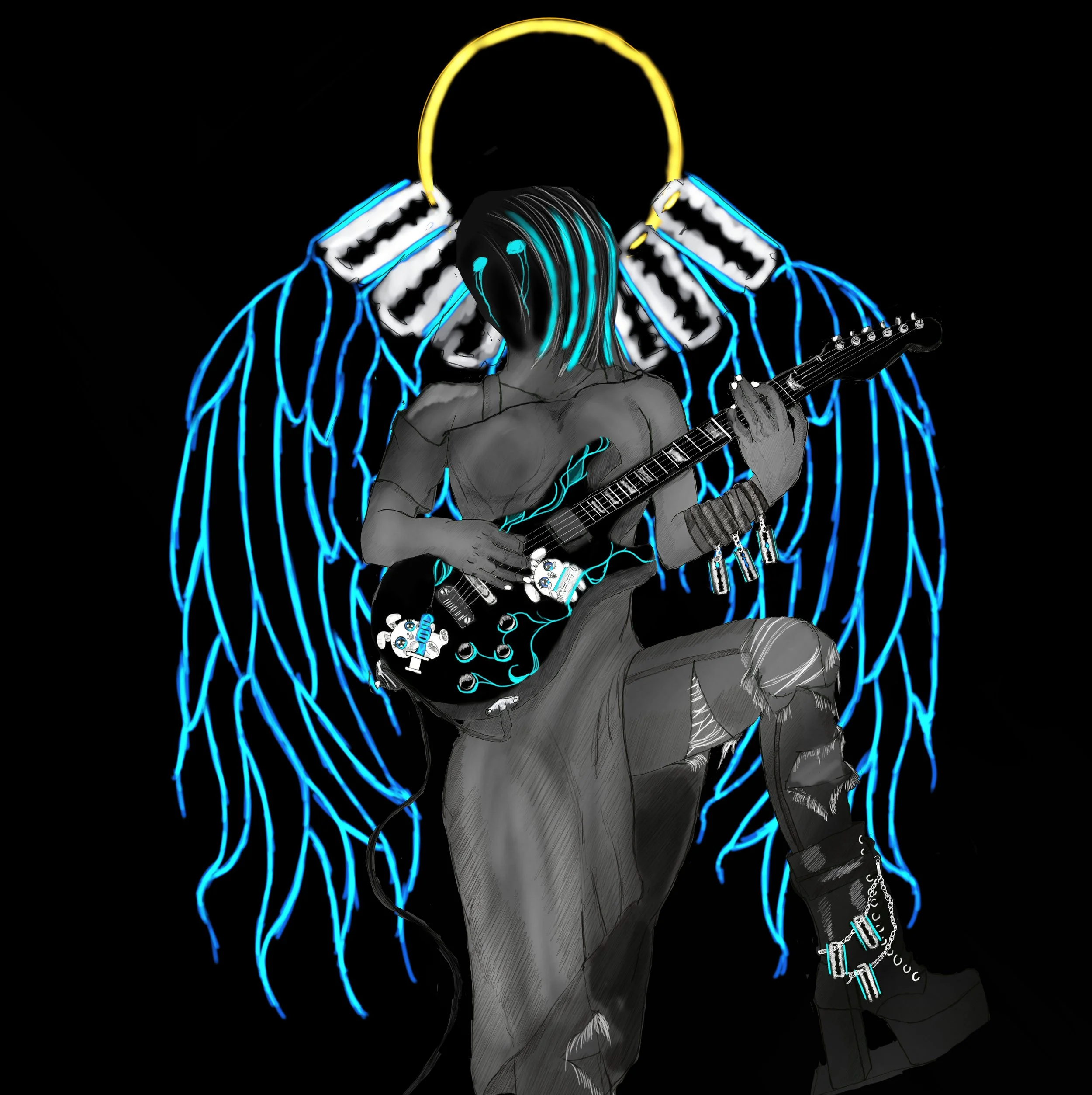 A digital illustration of a shirtless person with hair and face painted in neon blue, playing an electric guitar. The person is wearing ripped jeans and a chain with keys. Behind them is a stylized neon halo and angel wings outlined in blue and white