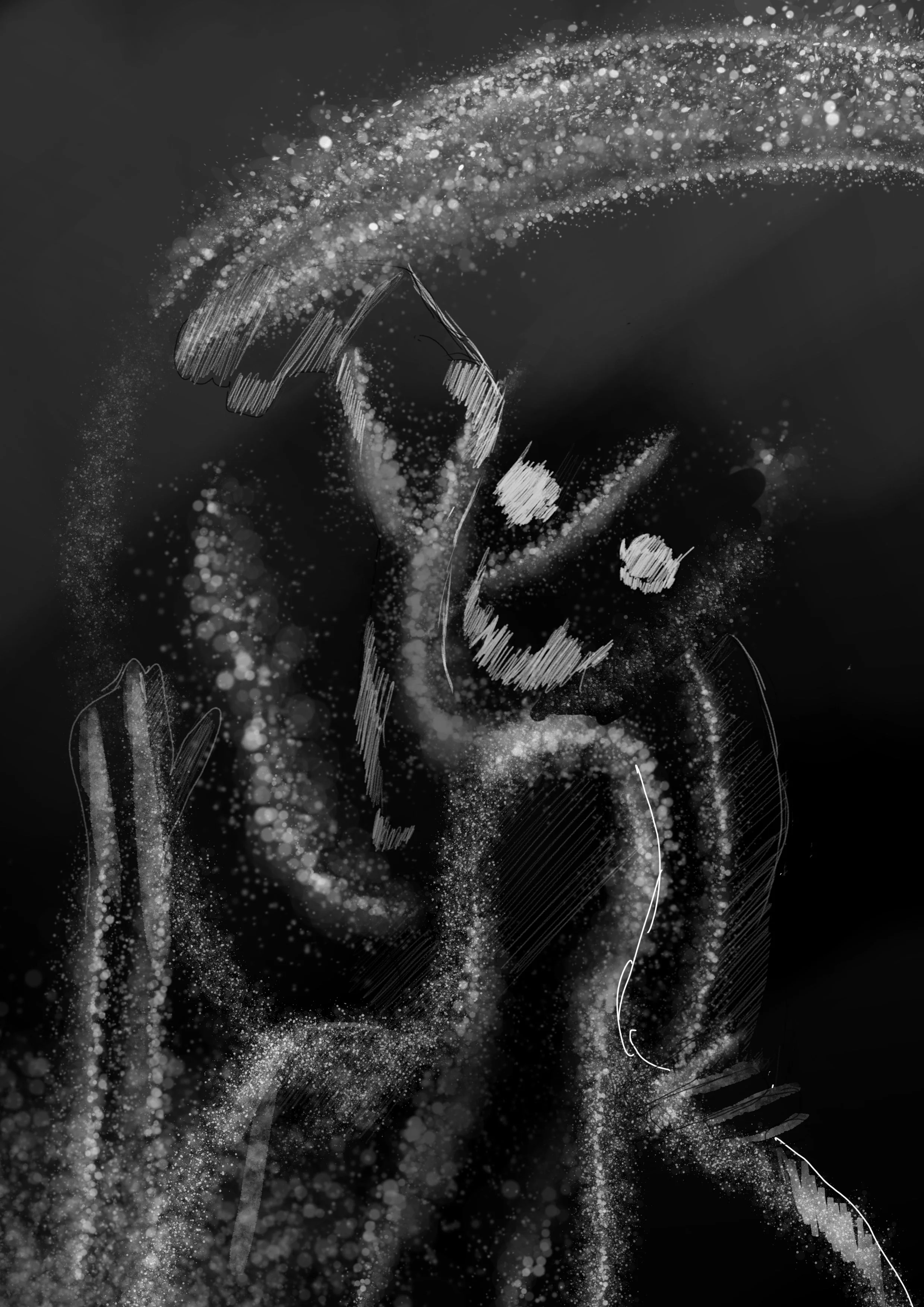 Abstract digital art of a woman's face drawing, black and white with a luminous effect and particle splashes.