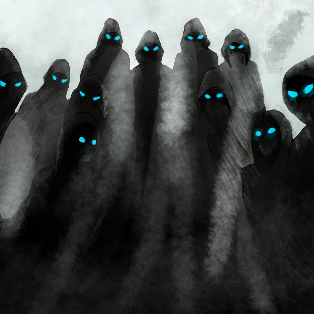 A group of shadowy figures with glowing blue eyes, cloaked in dark hooded robes, standing in fog with a gray, cloudy sky background.