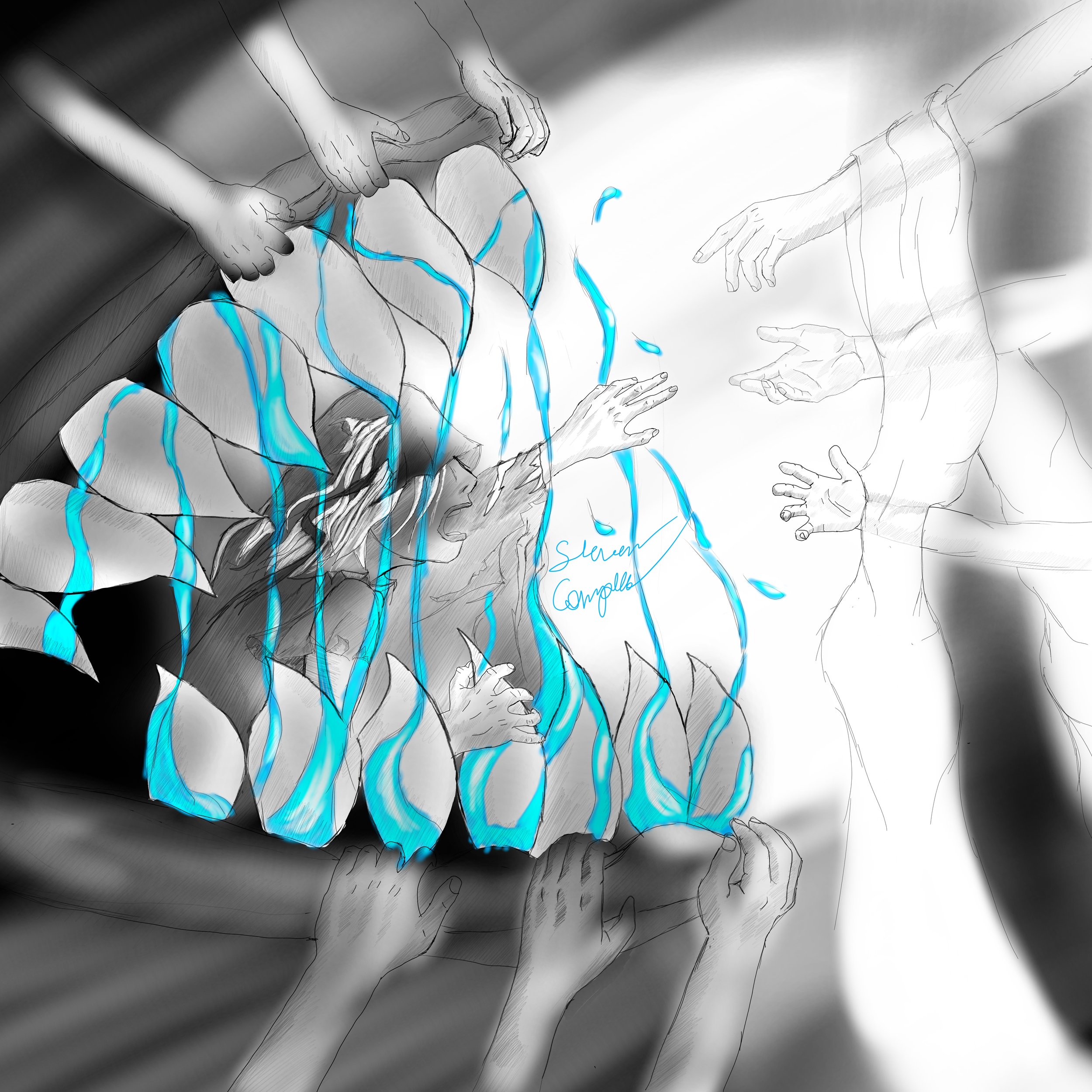 A drawing depicting a woman reaching out towards hands emerging from a bright light, with blue flames around her, and the words 'Steven Campbell' written nearby.