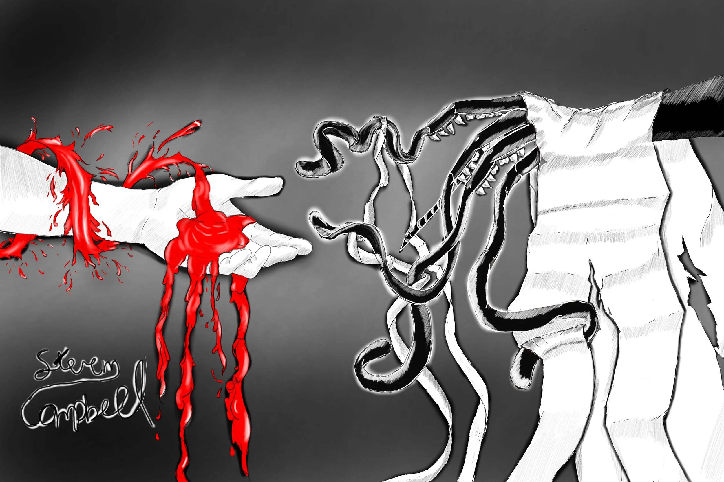 A black and white illustration of two hands reaching towards each other, with one hand on the left holding a spilling red liquid resembling blood, and the hand on the right holding a syringe. The words 'stem compelled' are written in cursive on the l