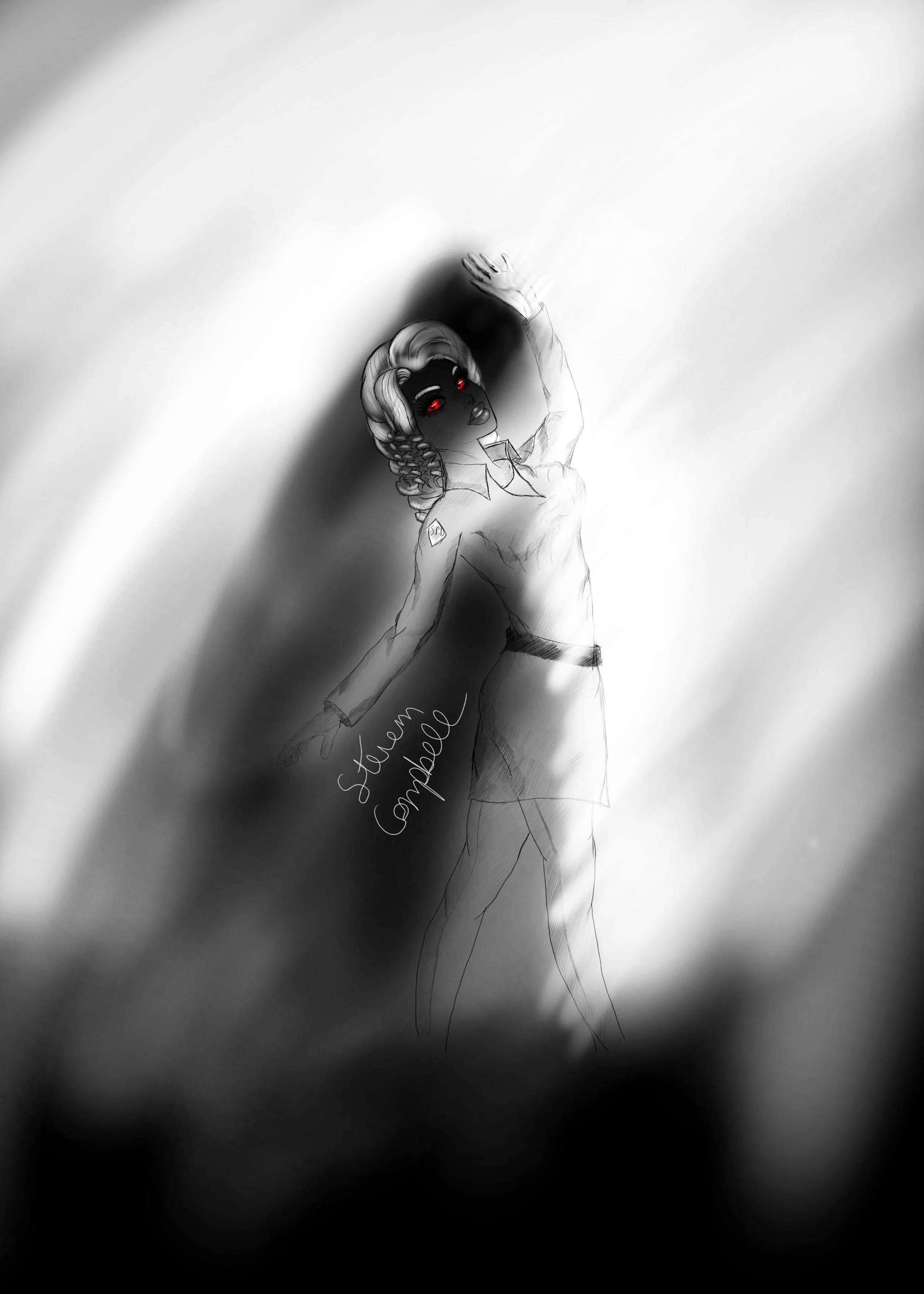 A grayscale digital drawing of a woman  shadow face and red eyes, standing against a light background. The woman has curly hair and is looking up, with one arm raised and the other by her side. The words "Steven campbell" are written along her side.