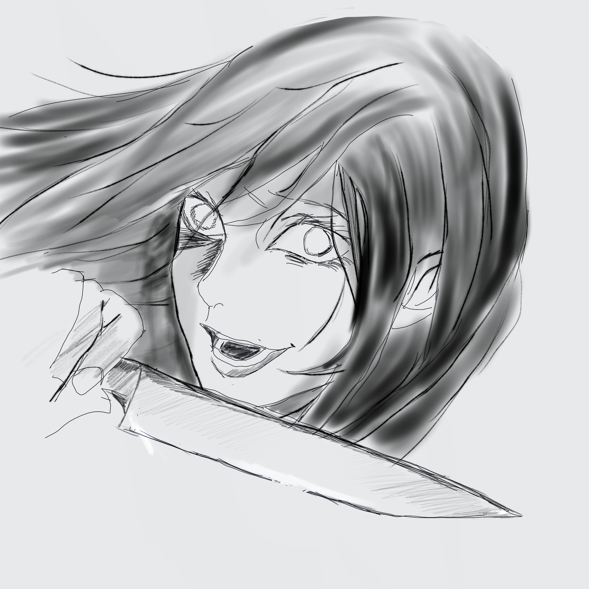 Anime-style drawing of a character with long flowing hair, wide eyes, and a smiling expression, holding a sword.