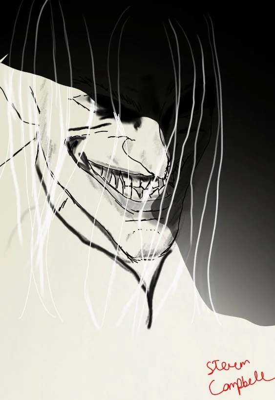 A smiling face with sharp teeth, long hair, and a sinister expression, with the artist's signature 'Steven Campbell' in red at the bottom right.