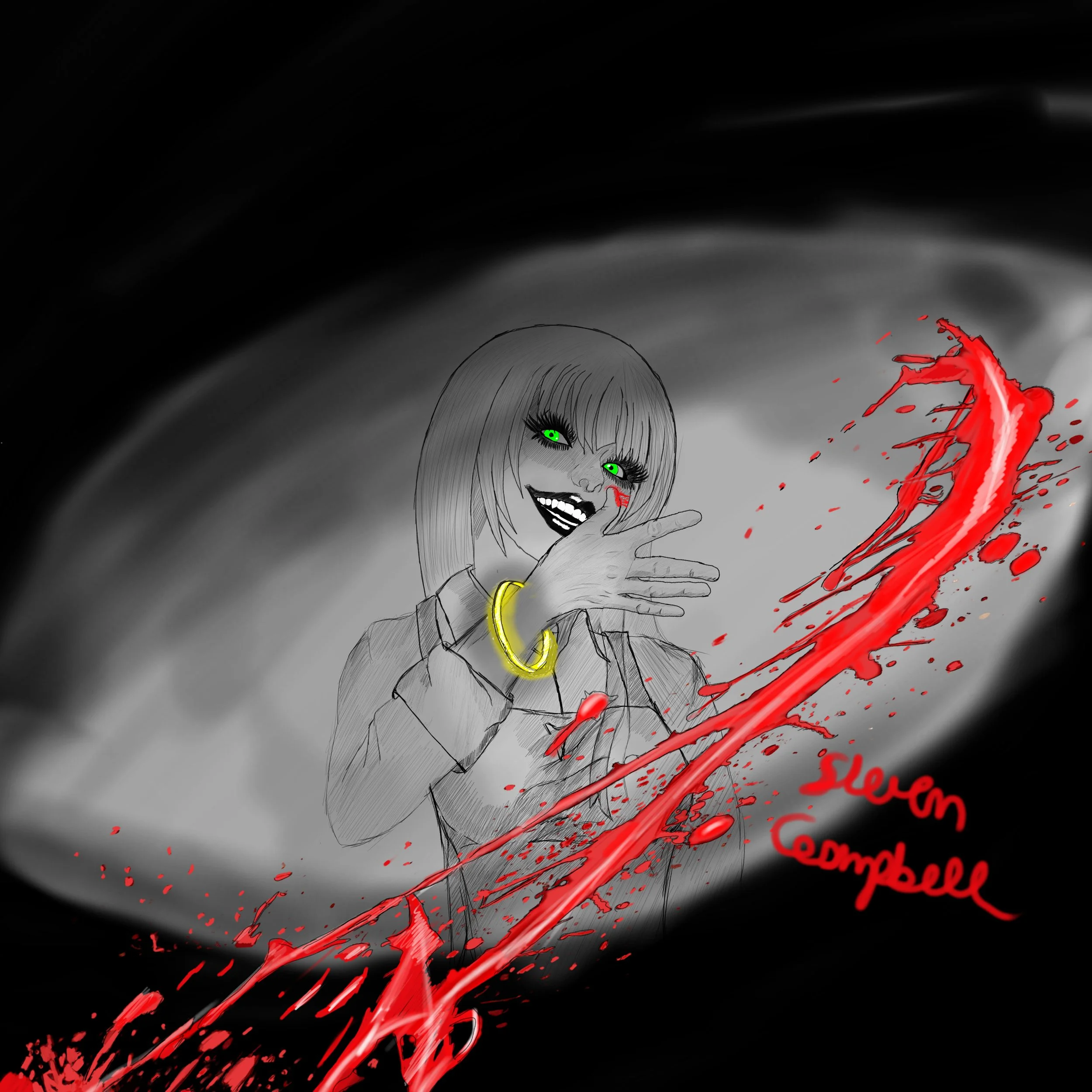 A black and white sketch of a woman with bright green eyes, and a yellow bracelet, laughing with her hand near her face. A streak of red blood splatters across the image, with the words 'Steven Campbell' written in red.