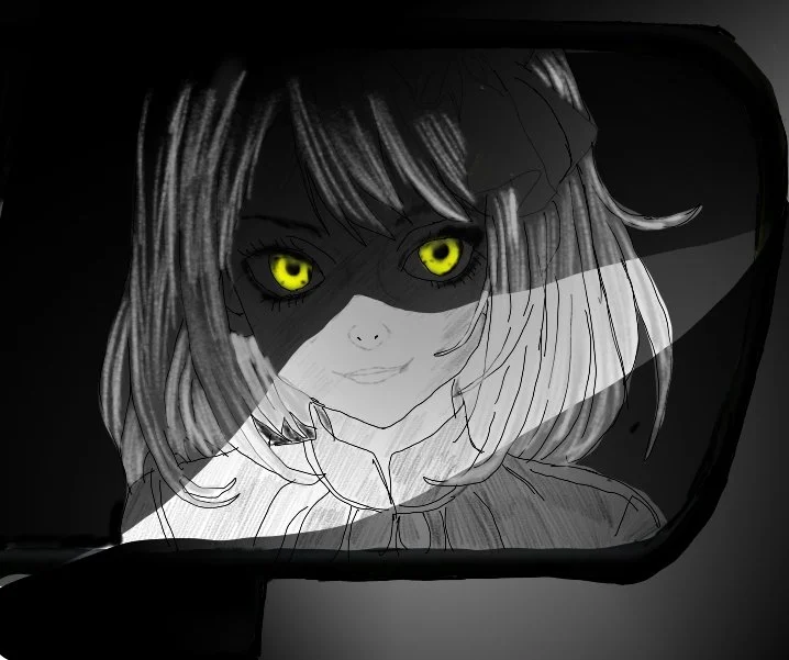 A drawing of a girl with large, bright yellow eyes and a subtle smile, reflected in a rearview mirror with a dark background.