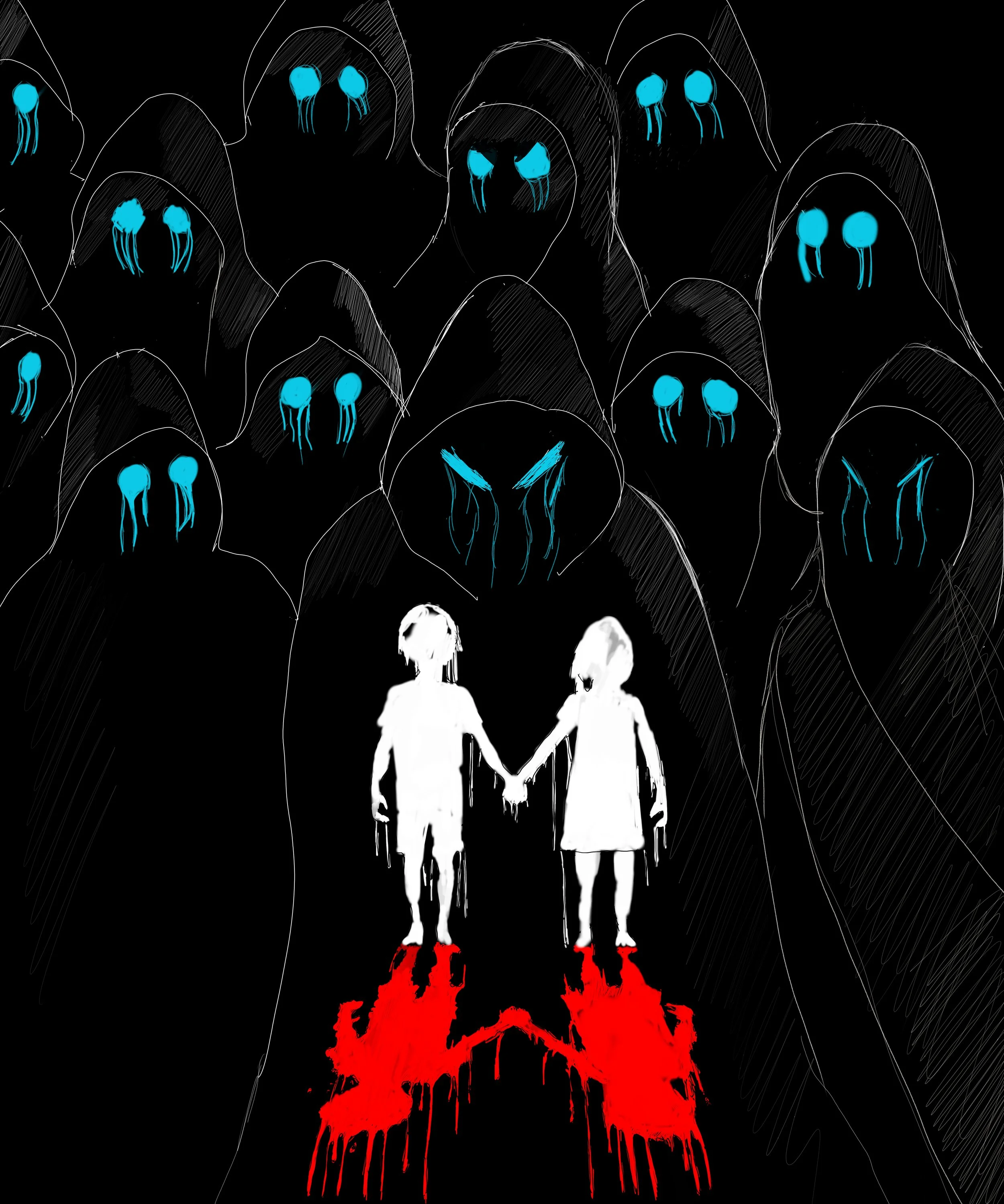 Two children walking away from watching group of shadow figures with blue eyes. They are building into their bloodly shadows.