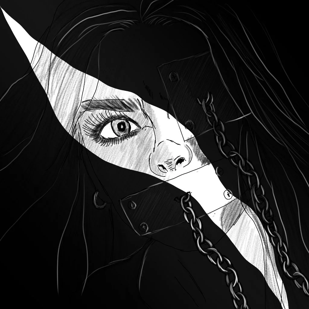 Black and white digital illustration of a woman with one eye visible, wearing a chain-embellished mask and a hooded jacket, looking directly at the viewer.