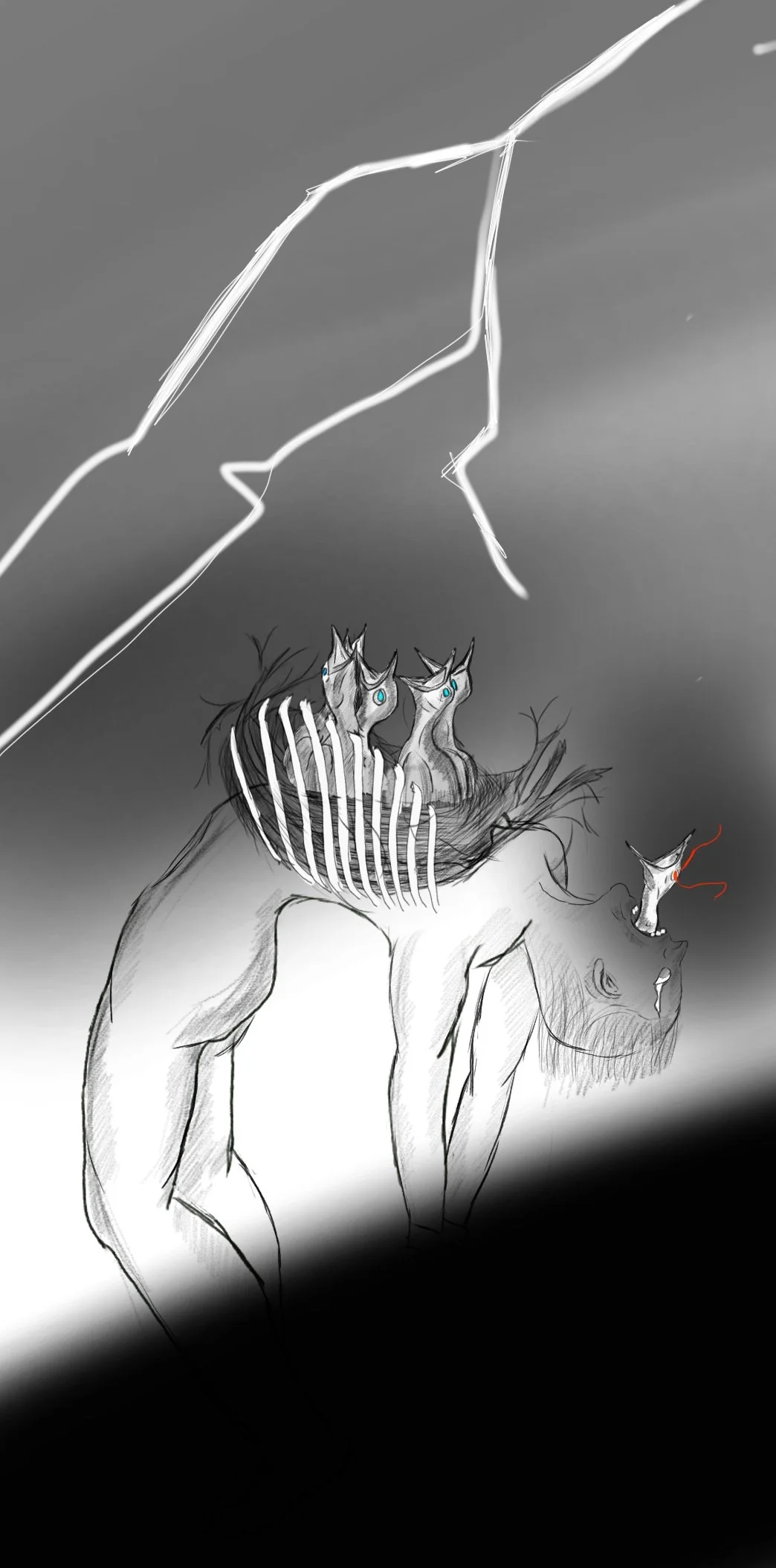 A surreal digital drawing of a humanoid figure leaning backwards. his ribs are open with a bird nest in it. Baby birds with glowing eyes are asking for food. A lightning strike illuminates the dark, cloudy sky above.