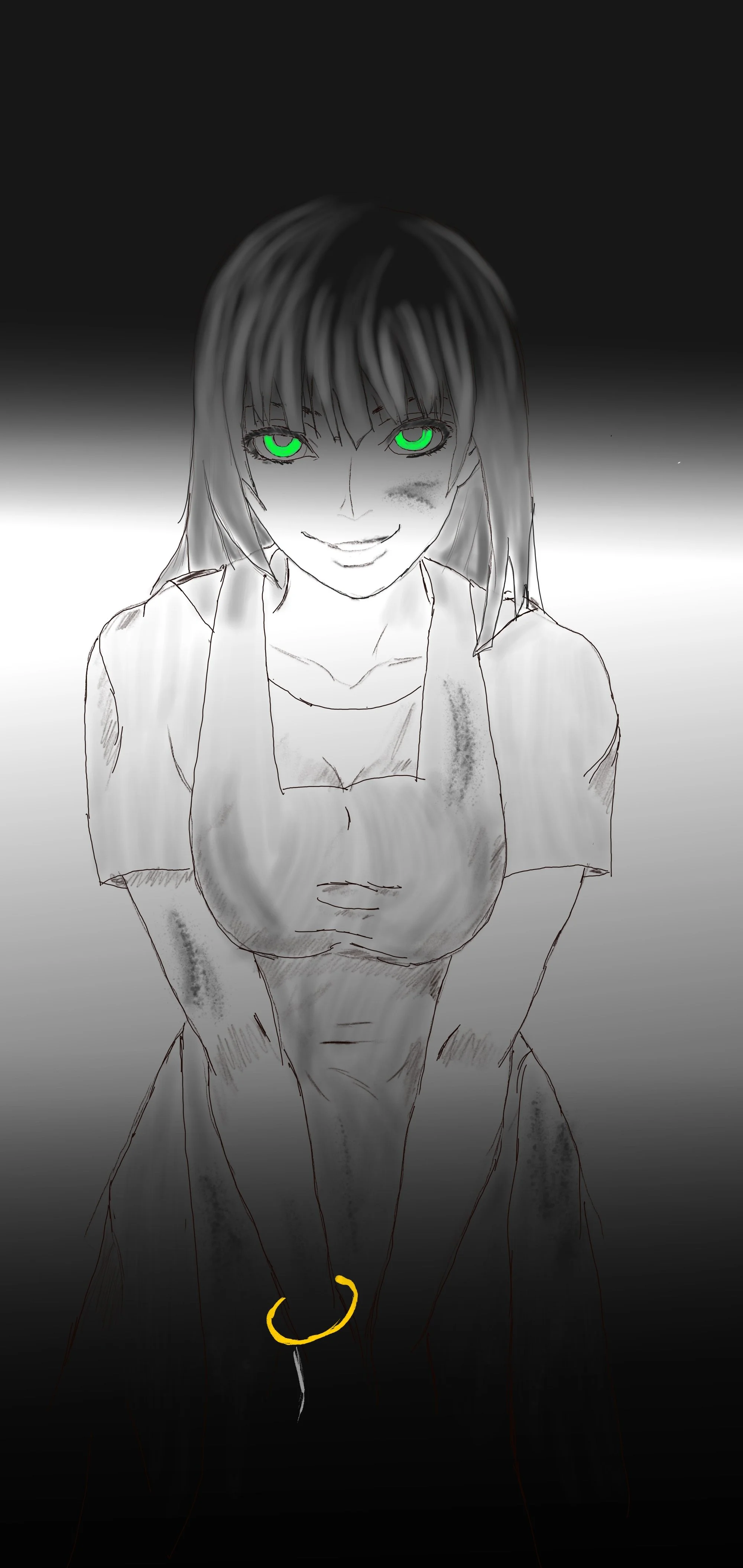A black and white sketch of a woman with long dark hair and glowing green eyes, smiling with a mischievous expression, in an ominous dark background.
