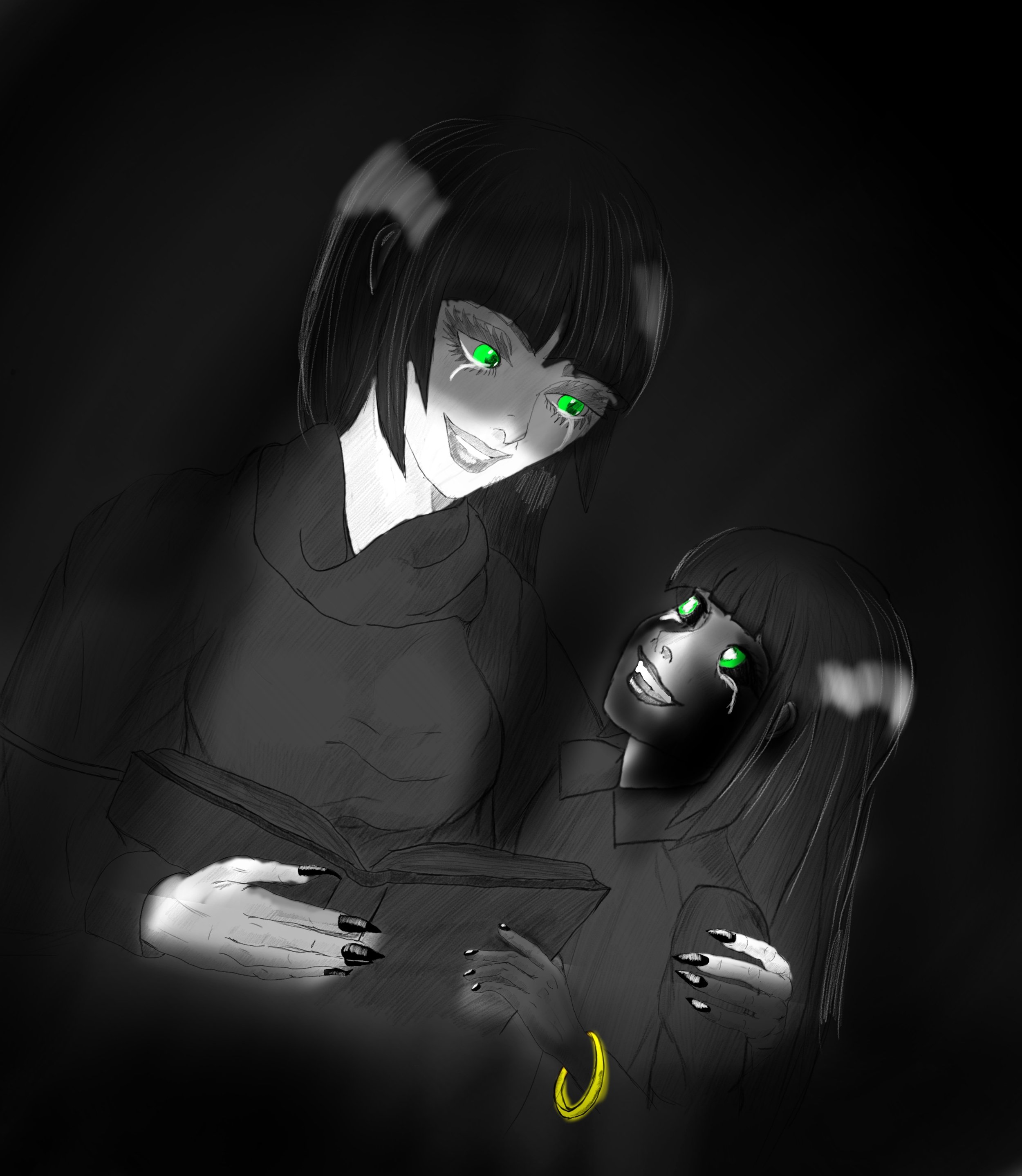 Dark-themed illustration of two women with green eyes, one with short black hair and the other with long black hair, looking at a book and smiling.