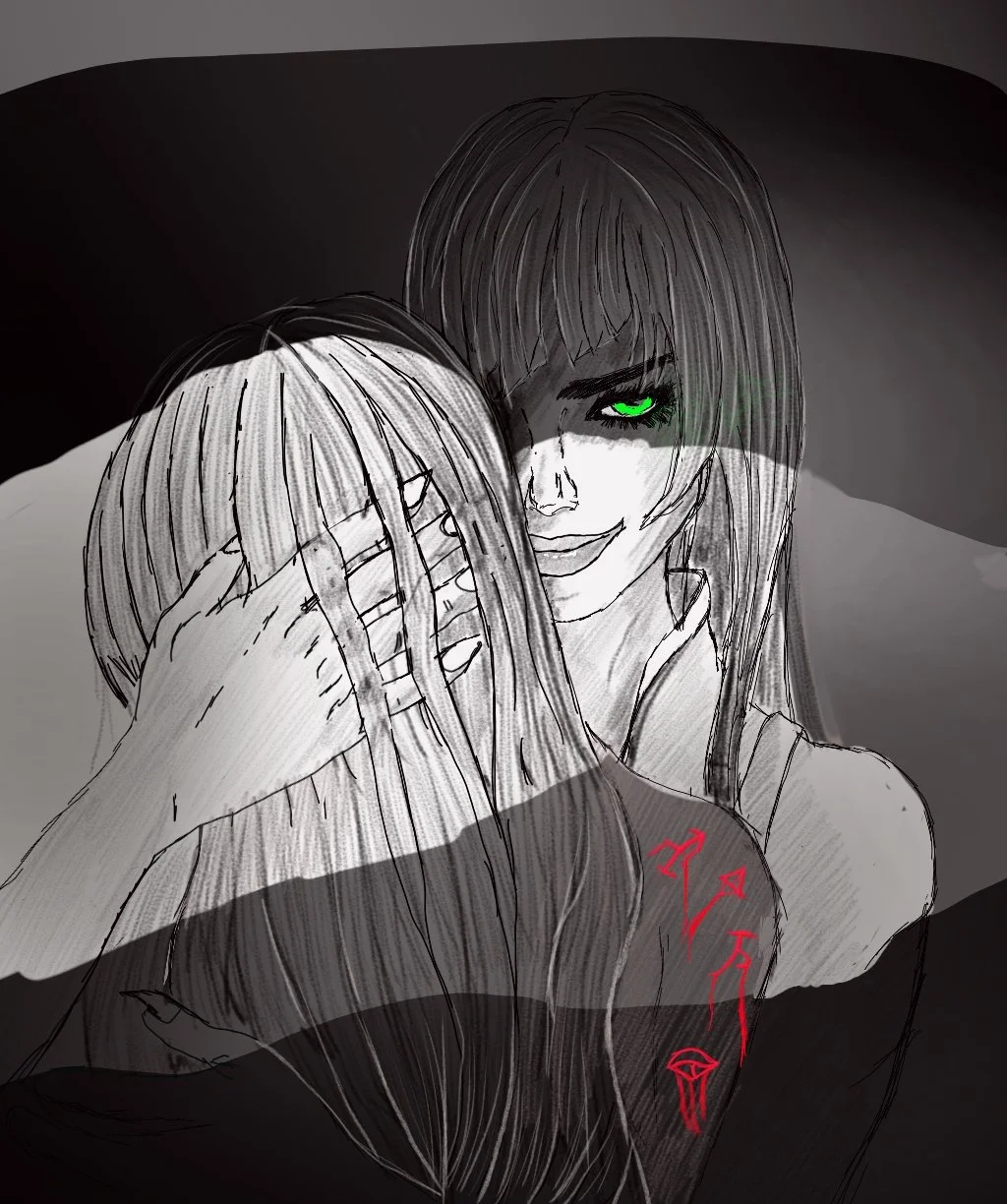 Drawing of a woman with long dark hair and toxic green eyes, smiling sinisterly while hugging another person with long hair, in a dark setting with gray and black tones and red graffiti on the back.