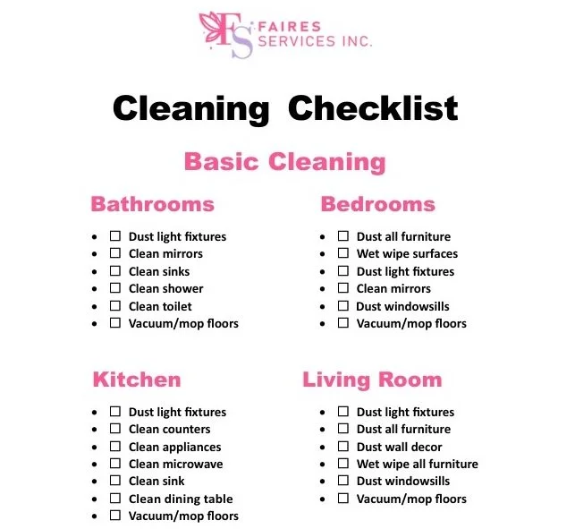 Cleaning checklist document with sections for Bathrooms, Bedrooms, Kitchen, and Living Room, listing tasks such as dusting light fixtures, cleaning mirrors, sinks, and floors, and other cleaning activities.