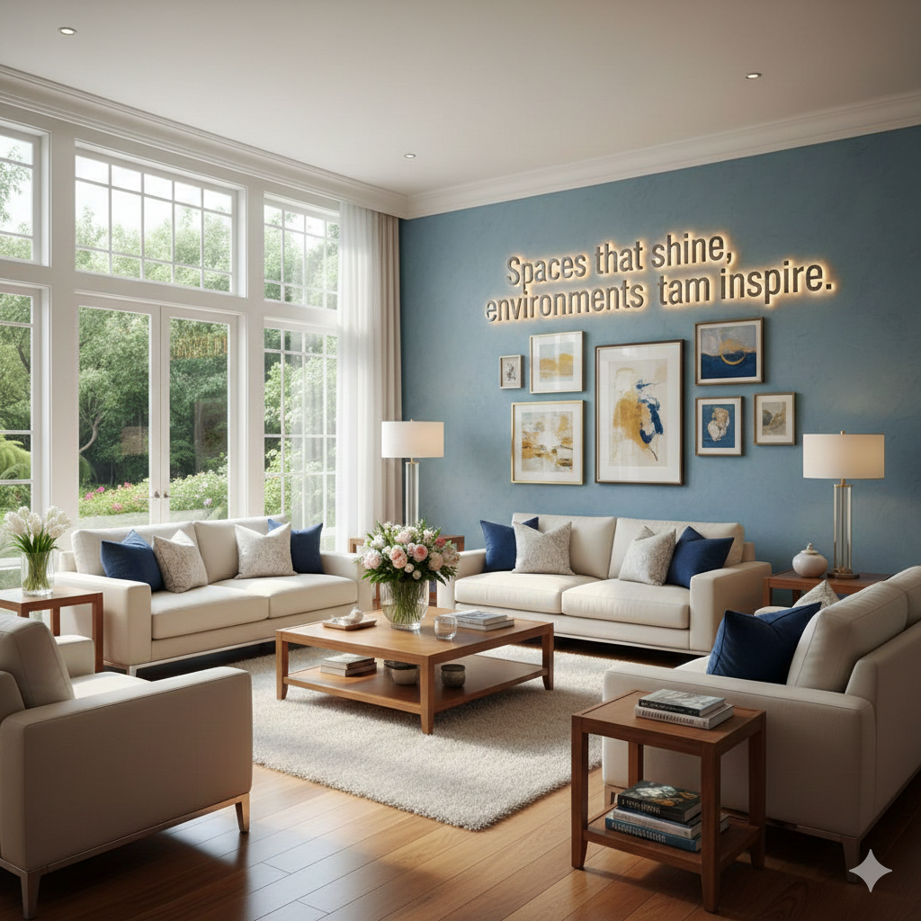 Bright living room with large windows, white sofas with navy and gray pillows, wooden coffee table with a flower arrangement, framed art on blue accent wall, and a neon sign reading 'Spaces that shine, environments tam inspire.'.