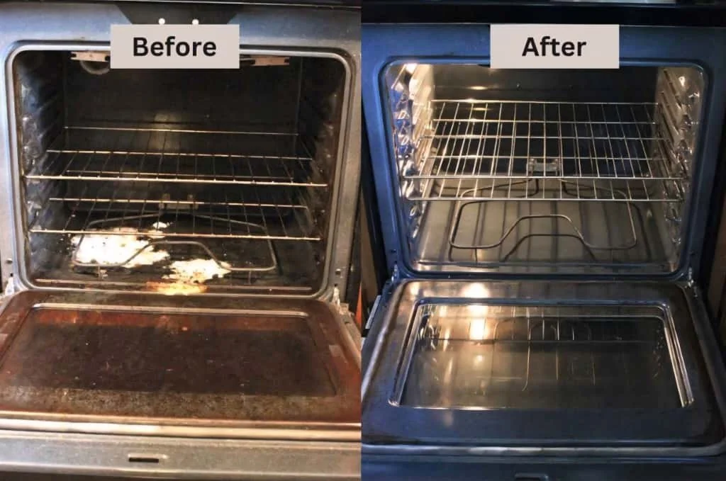 The image shows a side-by-side comparison of an oven before and after cleaning. The left side depicts a dirty oven with grime and food debris inside. The right side shows a spotless, cleaned oven with shiny interior surfaces and no debris.
