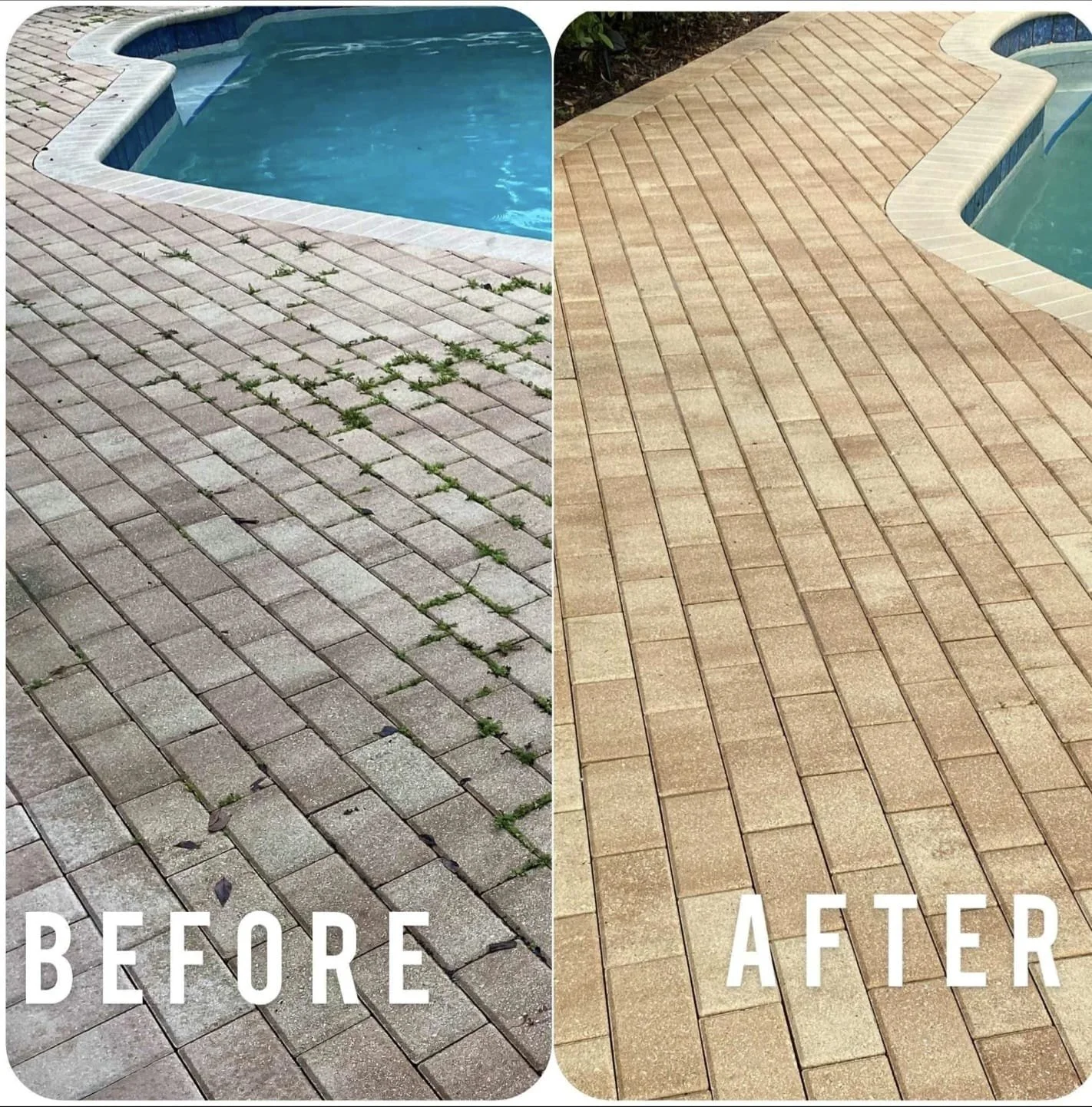 Comparison of a dirty brick patio with weeds and an improved, clean brick patio after cleaning or renovation.