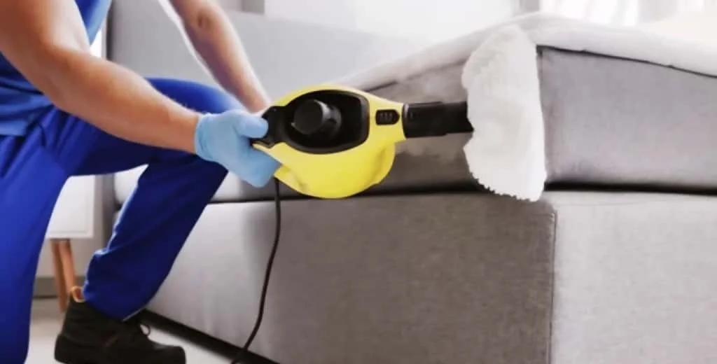 Person cleaning a gray sofa with a handheld steam cleaner.
