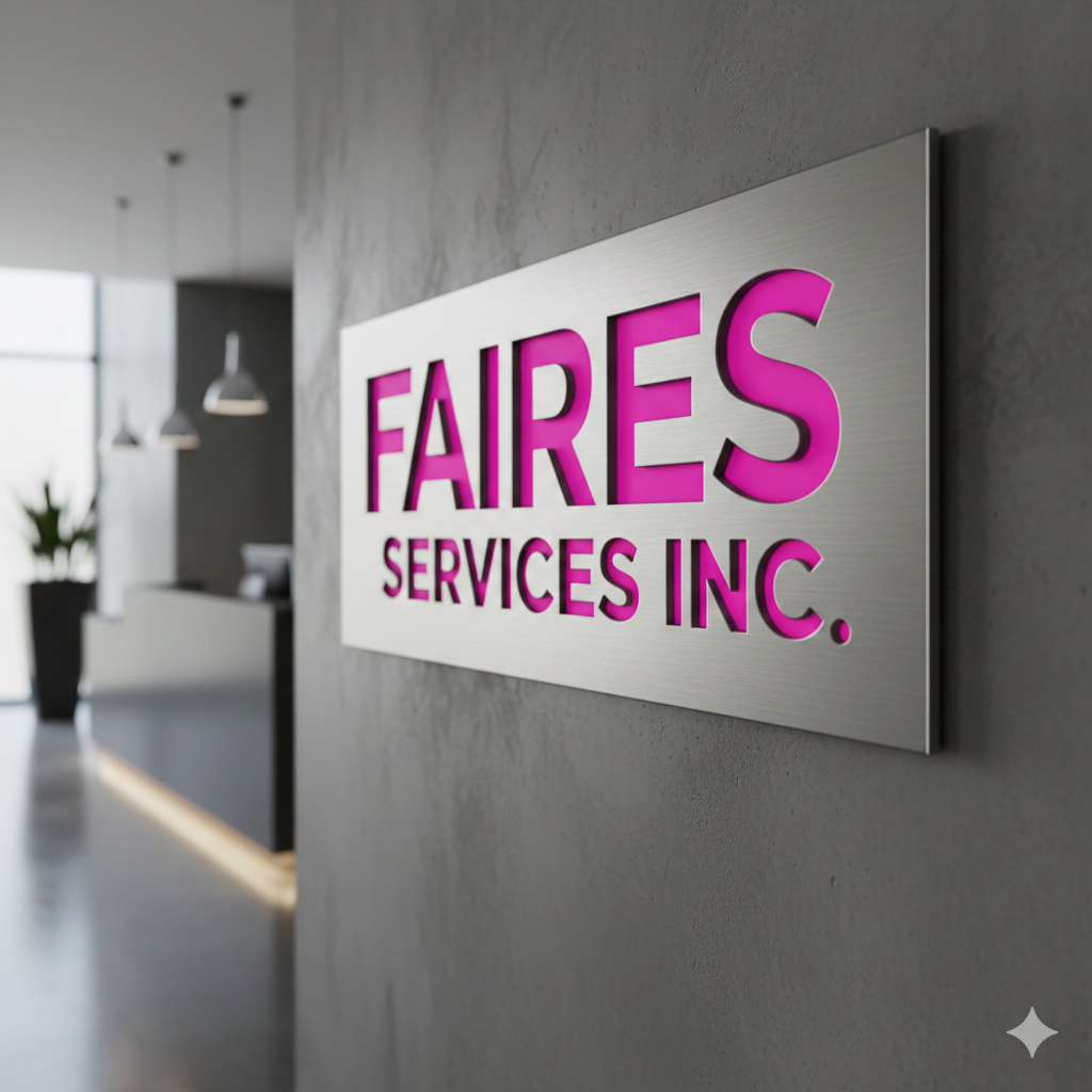 Interior office with a sign on the wall reading 'FAIRES SERVICES INC.' in pink letters.