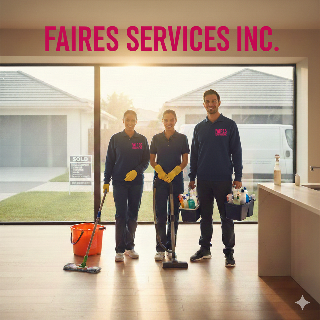 Three cleaning workers standing inside a house in front of a large window, holding cleaning supplies and equipment, with the company name 'Faires Services Inc.' on their uniforms and a sign outside indicating a property sale.