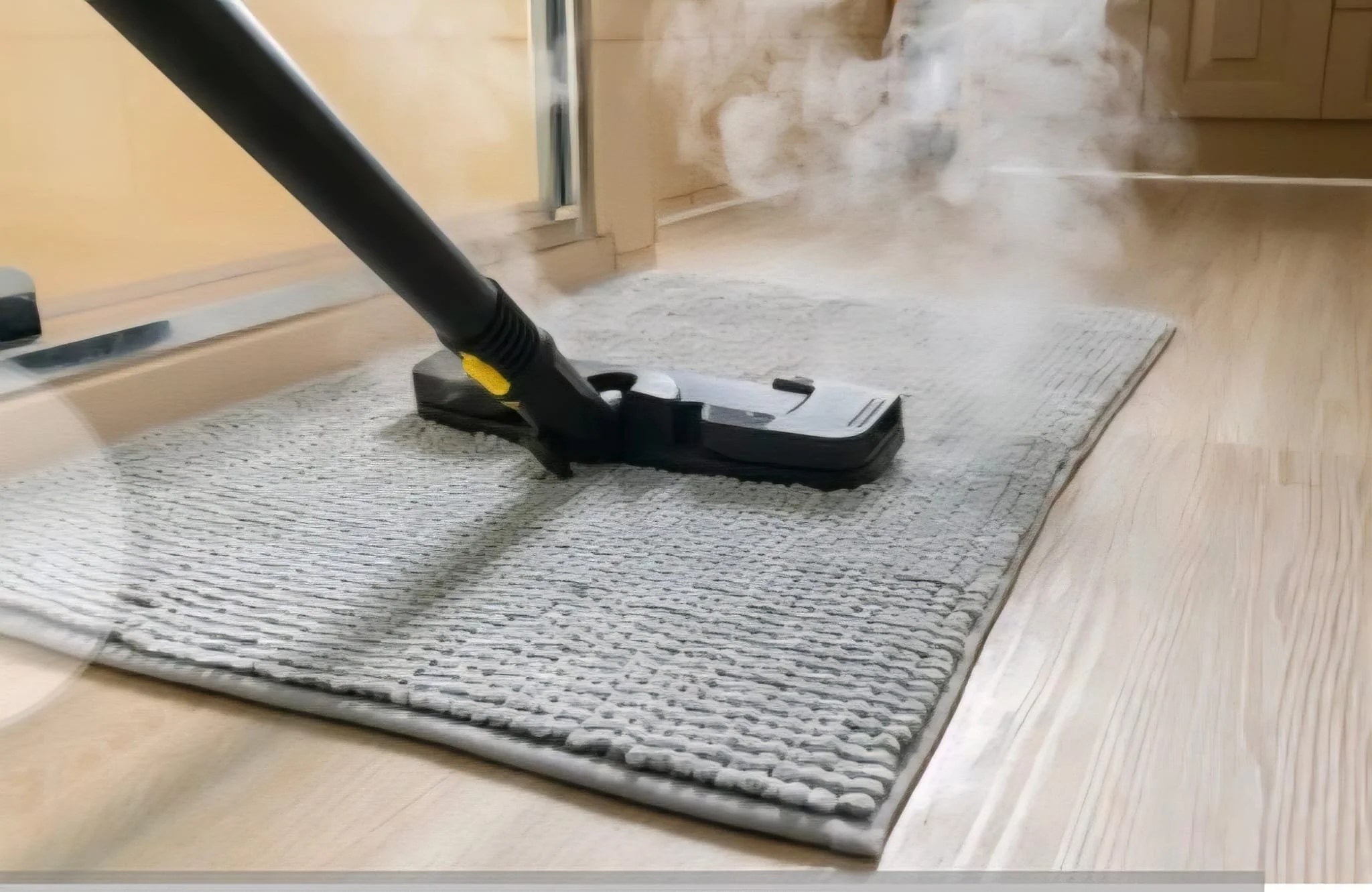 A steam cleaner cleaning a gray rug on a wooden floor, with steam rising from the cleaning tool.