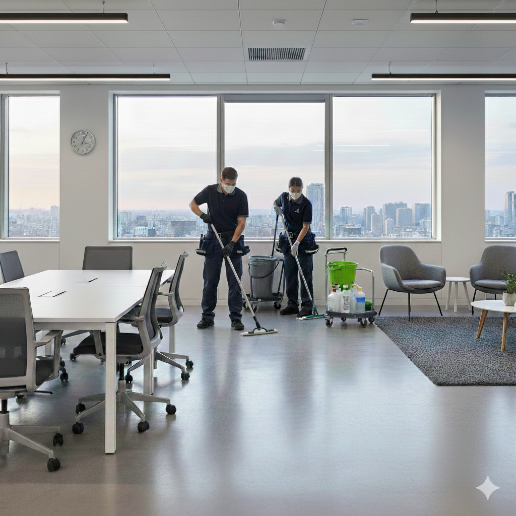 Two custodial workers wearing masks and gloves are cleaning the floor in a large, modern office space with big windows showing a city skyline. One worker is using a mop, and the other is using a vacuum. Cleaning supplies and equipment are nearby.
