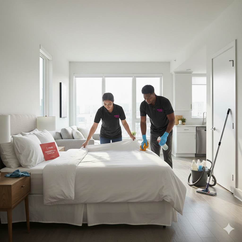 Two cleaning professionals making a bed in a bright, modern bedroom with large windows.