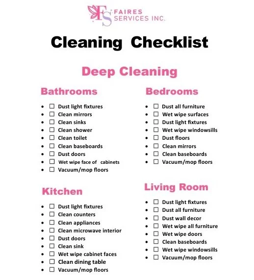 Cleaning checklist for deep cleaning in bathrooms, bedrooms, kitchen, and living room. Features checkboxes for tasks such as dusting, cleaning mirrors, sinks, toilets, baseboards, vacuuming, and mopping.