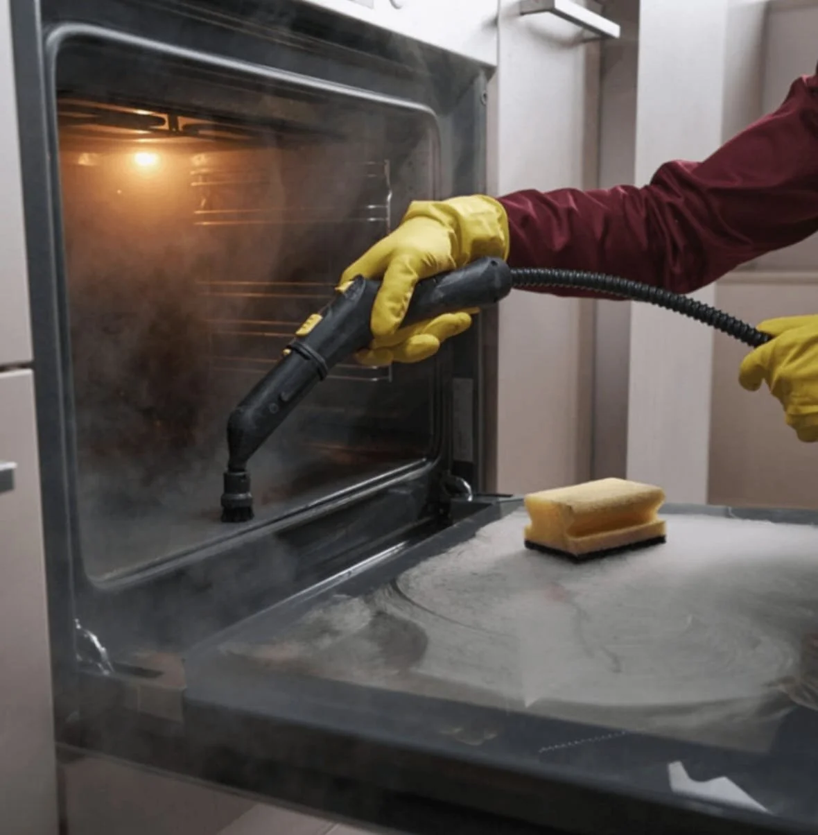 Person wearing yellow gloves and a red jacket is cleaning the inside of an oven with a handheld steam cleaner.