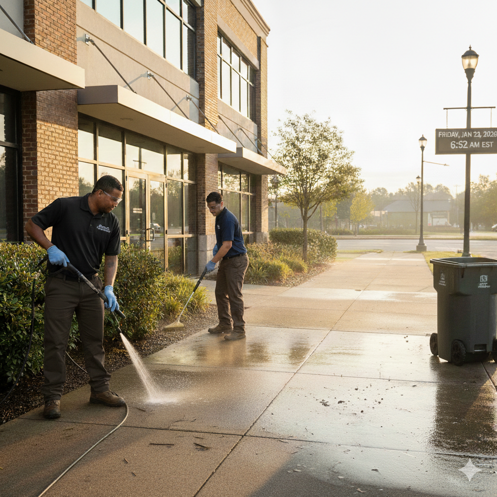 Two workers in black and blue shirts and gloves power washing a sidewalk outside a commercial building in the morning sunlight.