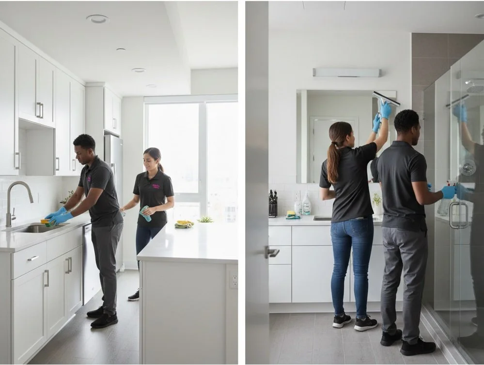 Two pairs of people cleaning respective areas in a modern, white kitchen and bathroom, wearing black uniforms and blue gloves.