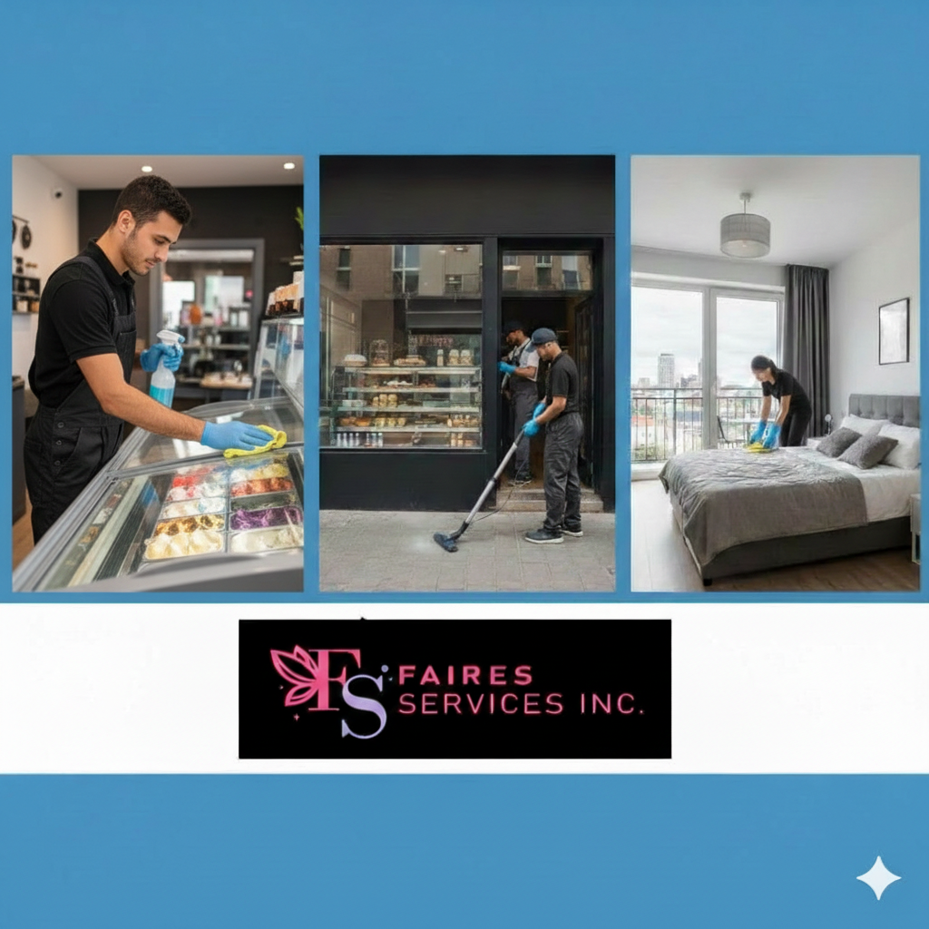 A collage showing three scenes: a man cleaning an ice cream freezer, two people cleaning the outside of a bakery or café, and a woman cleaning a bedroom. All scenes depict cleaning activities. Below is a logo for Faires Services Inc.