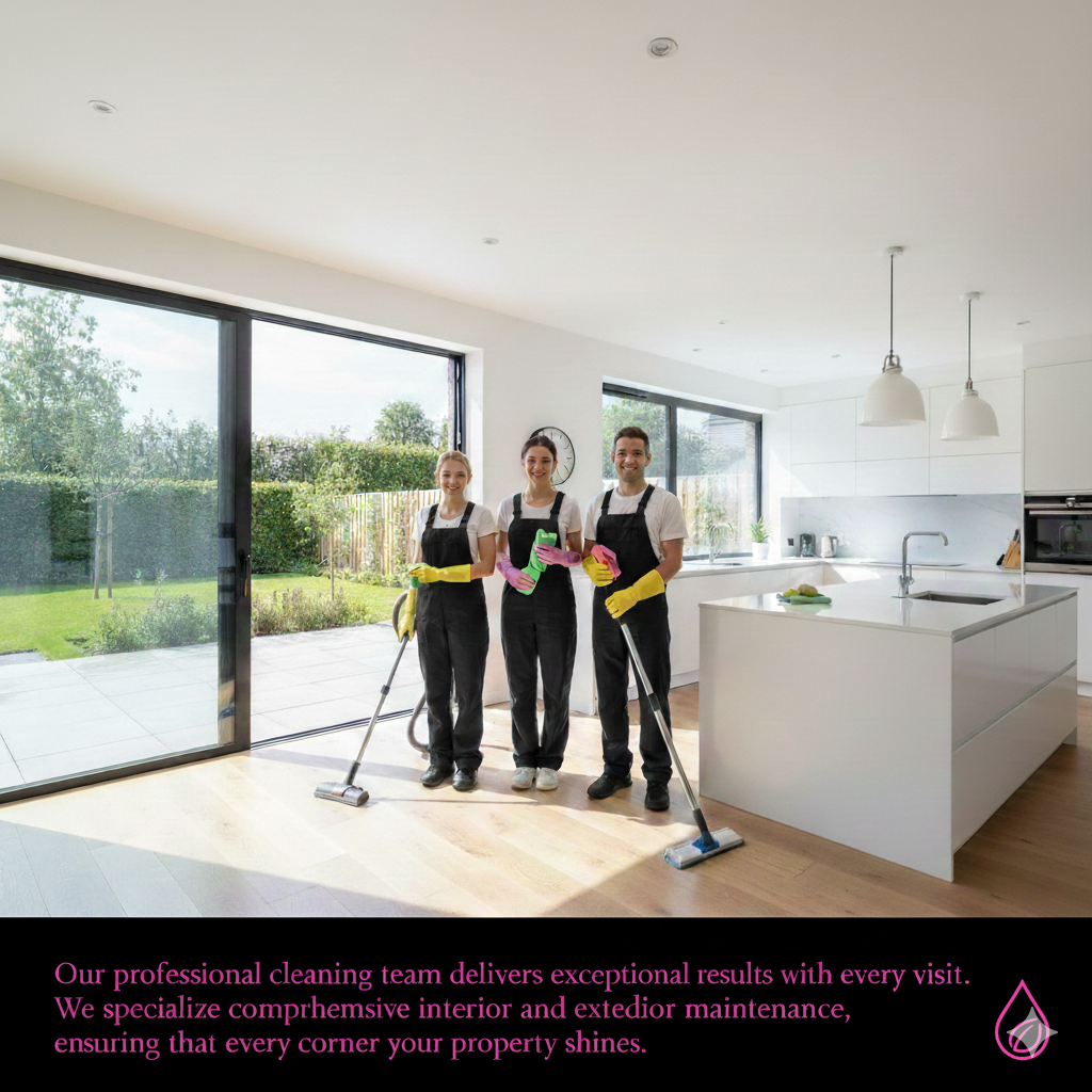Three cleaning professionals in black aprons and gloves standing in a bright, modern kitchen holding cleaning tools.