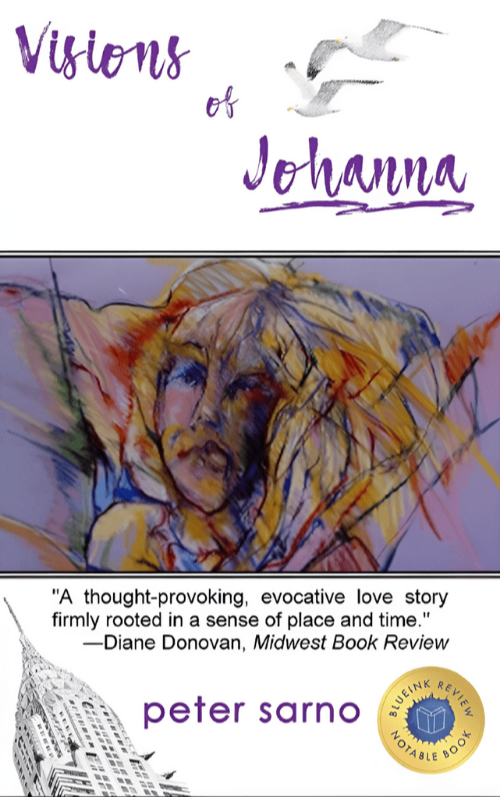 Book cover titled "Visions of Johanna" by Peter Sarno, featuring a watercolor illustration of a woman with a cat, with a quote about love stories, and a gold seal indicating a notable book review.