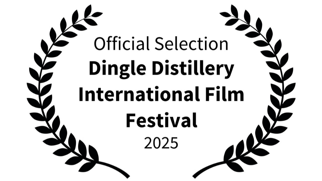 Seasons greetings logo for Dingle Distillery International Film Festival 2025 with black laurels on white background.