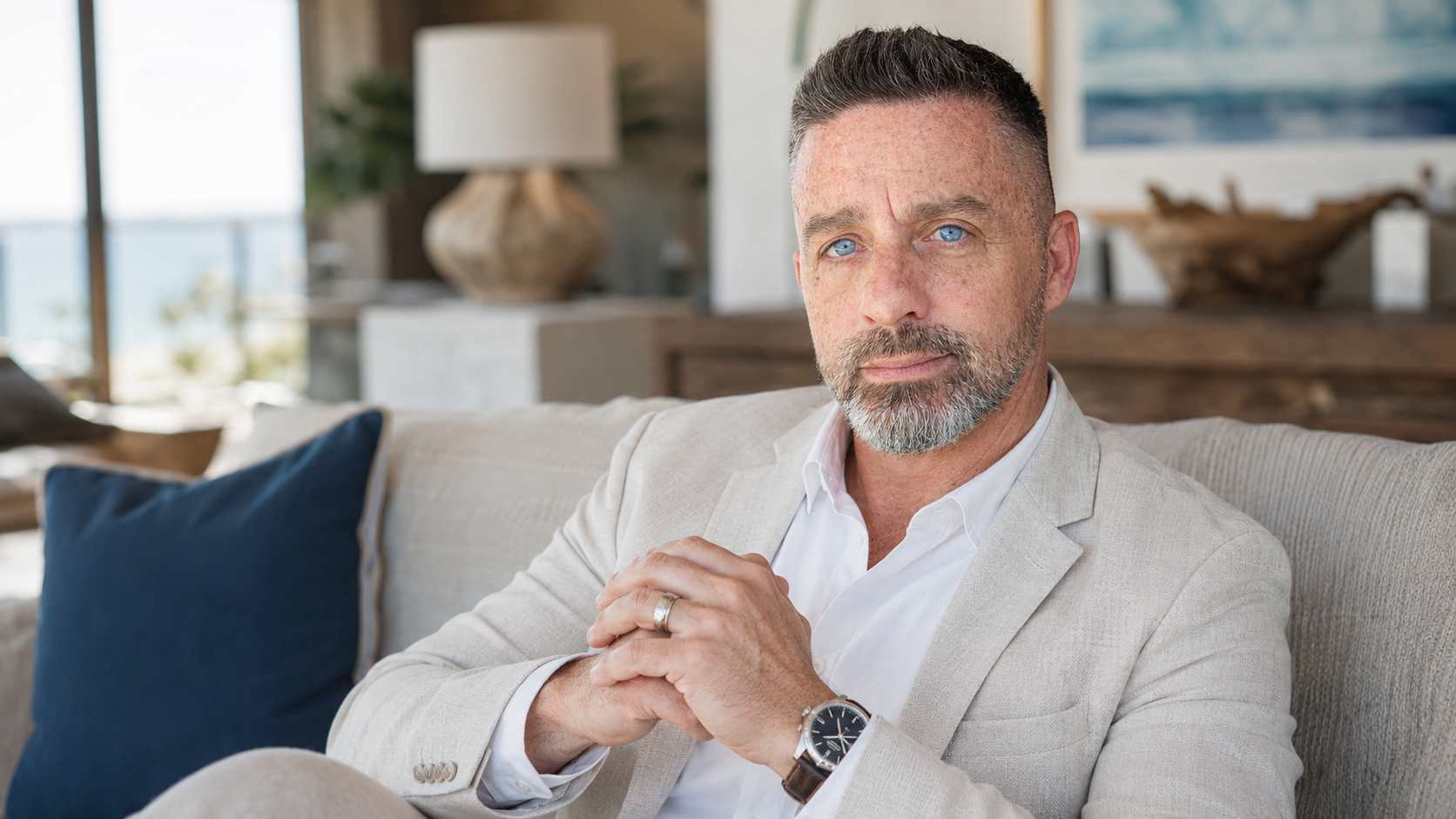 Author seated in a coastal home setting for the Behind Blue Eyes memoir book page.