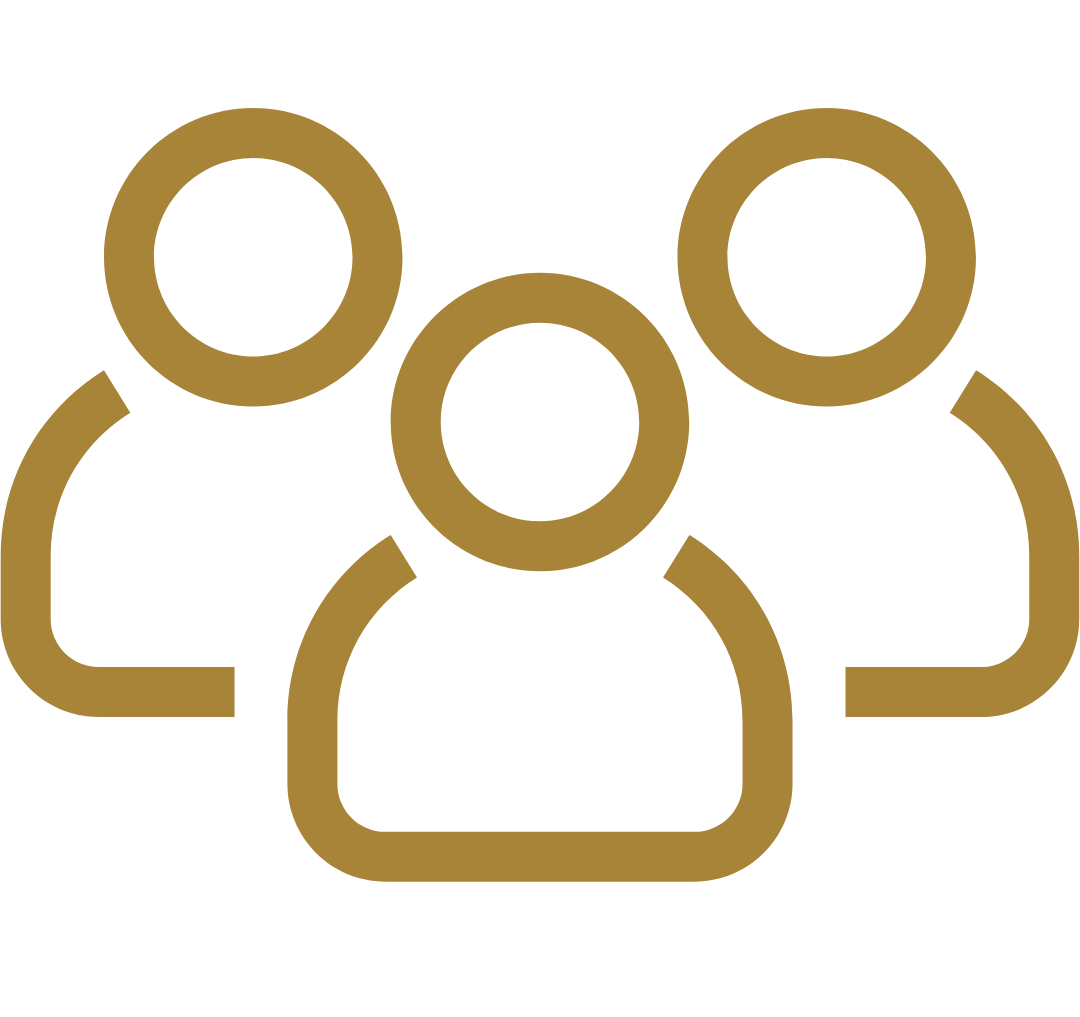 Gold icon of a group of people, representing audiences, event attendees, and podcast communities for Craig Sawyer’s speaking and guest podcasting appearances.