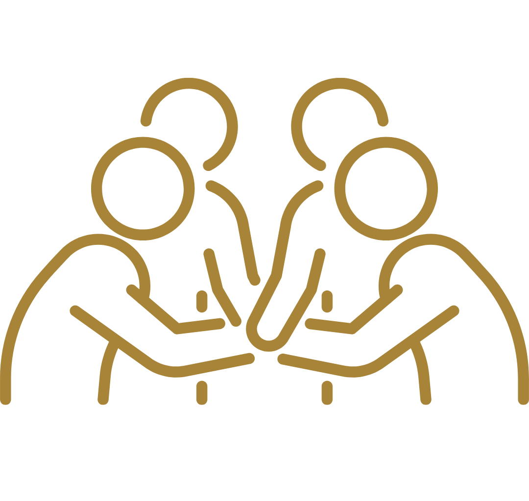 Gold icon of two people in conversation, representing collaborative discussions, interviews, podcast appearances, and speaking engagement opportunities with Craig Sawyer.