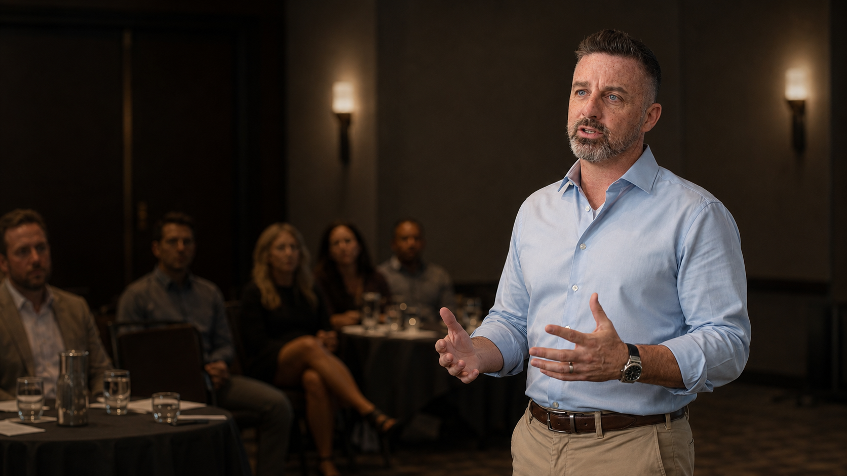 Craig Sawyer speaking to a seated audience in a professional event setting, representing his keynote speaking, live presentations, and audience-focused storytelling.