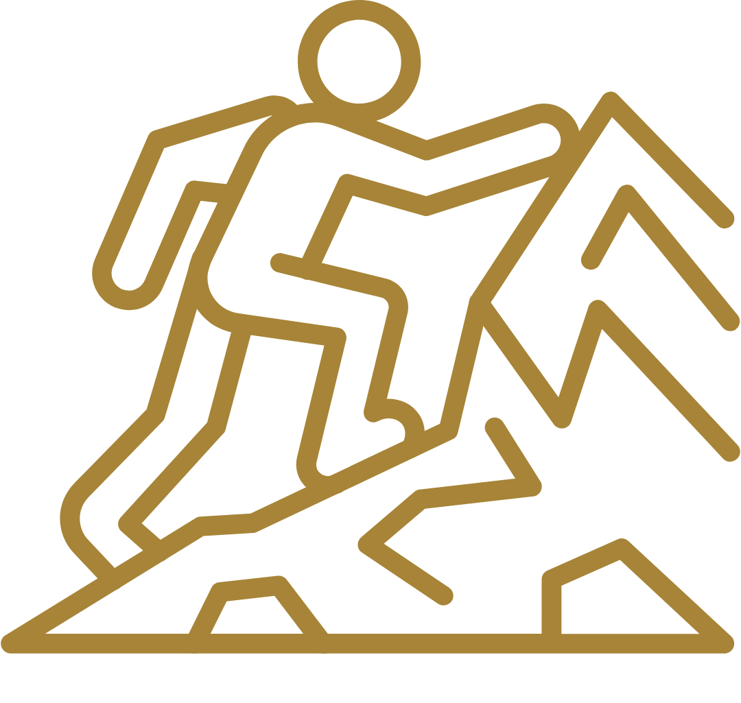 Gold icon of a person climbing a mountain, representing resilience, overcoming adversity, personal growth, and forward momentum in Craig Sawyer’s speaking events and podcast interviews.