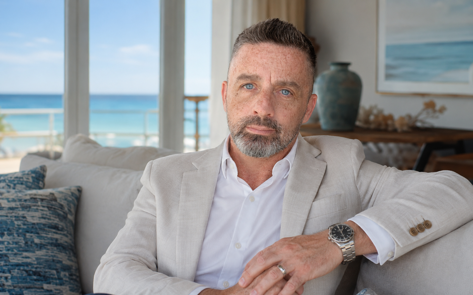 Craig Sawyer seated in an upscale beach house wearing a light linen blazer and white dress shirt, representing his keynote speaking, storytelling, and guest podcast availability.