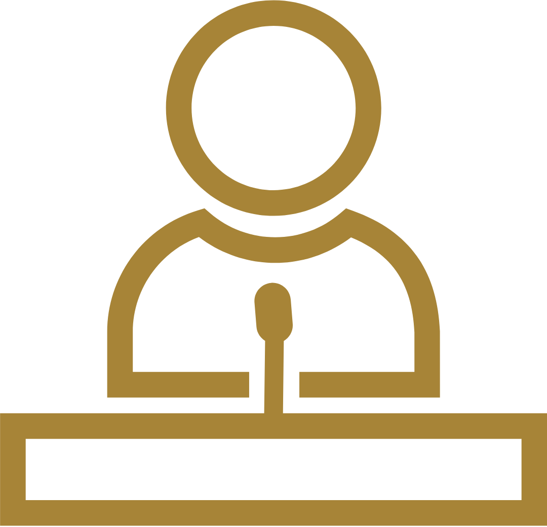 Gold icon of a public speaker at a podium, representing Craig Sawyer’s keynote speaking and guest podcasting availability.