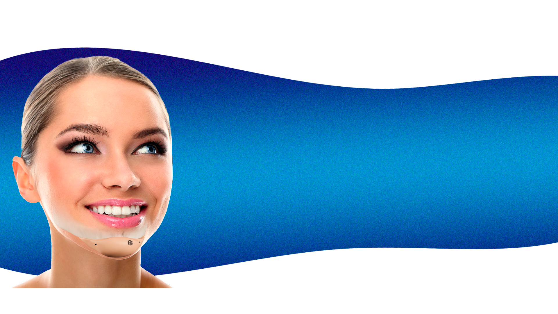 Rostro de una mujer sonriendo con maquillaje y cabello recogido, fondo azul y blanco