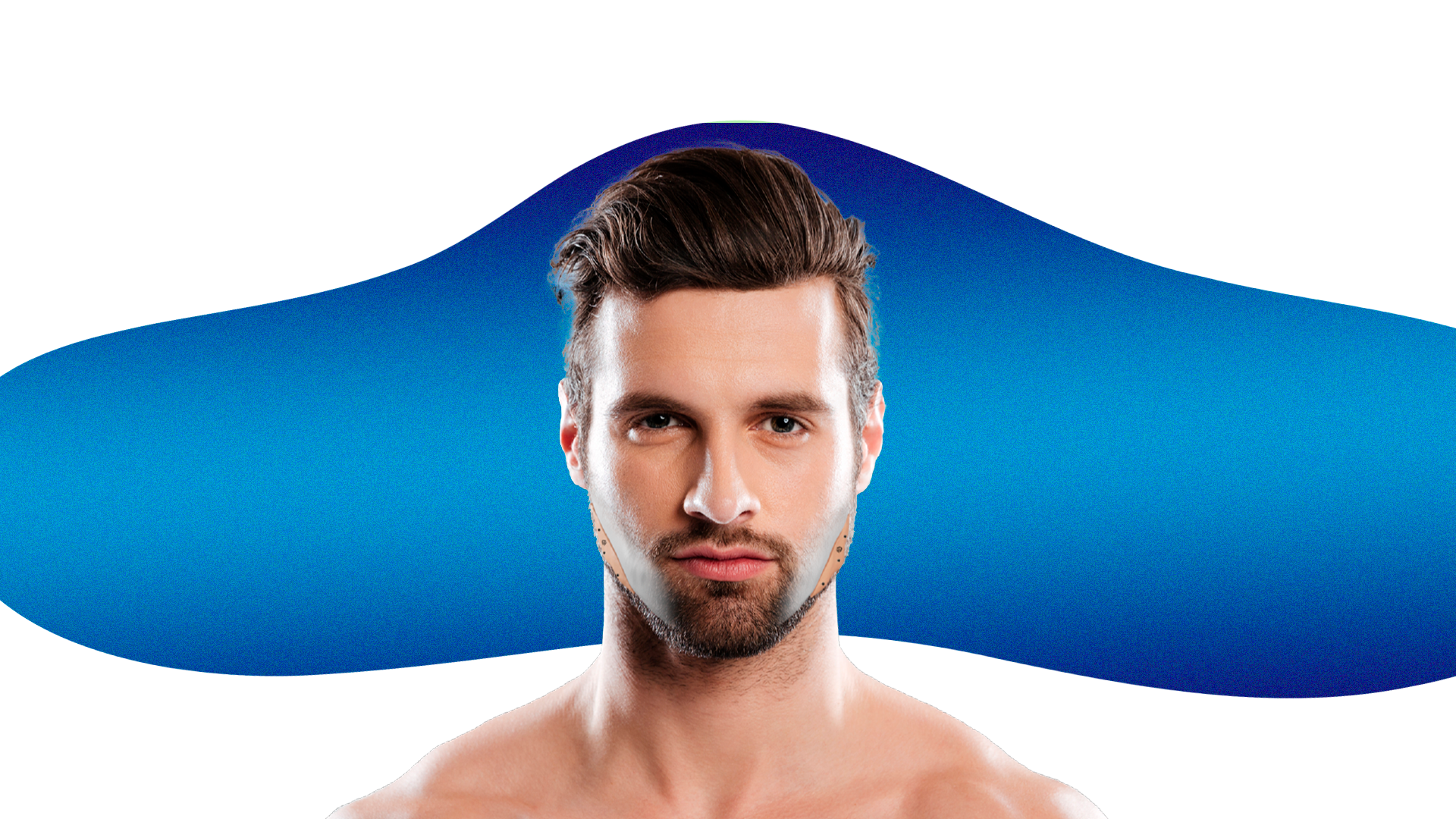Retrato de un hombre joven de cabello castaño, estilo peinado moderno, con barba y sin camiseta. Fondo con formas abstractas en tonos azules.