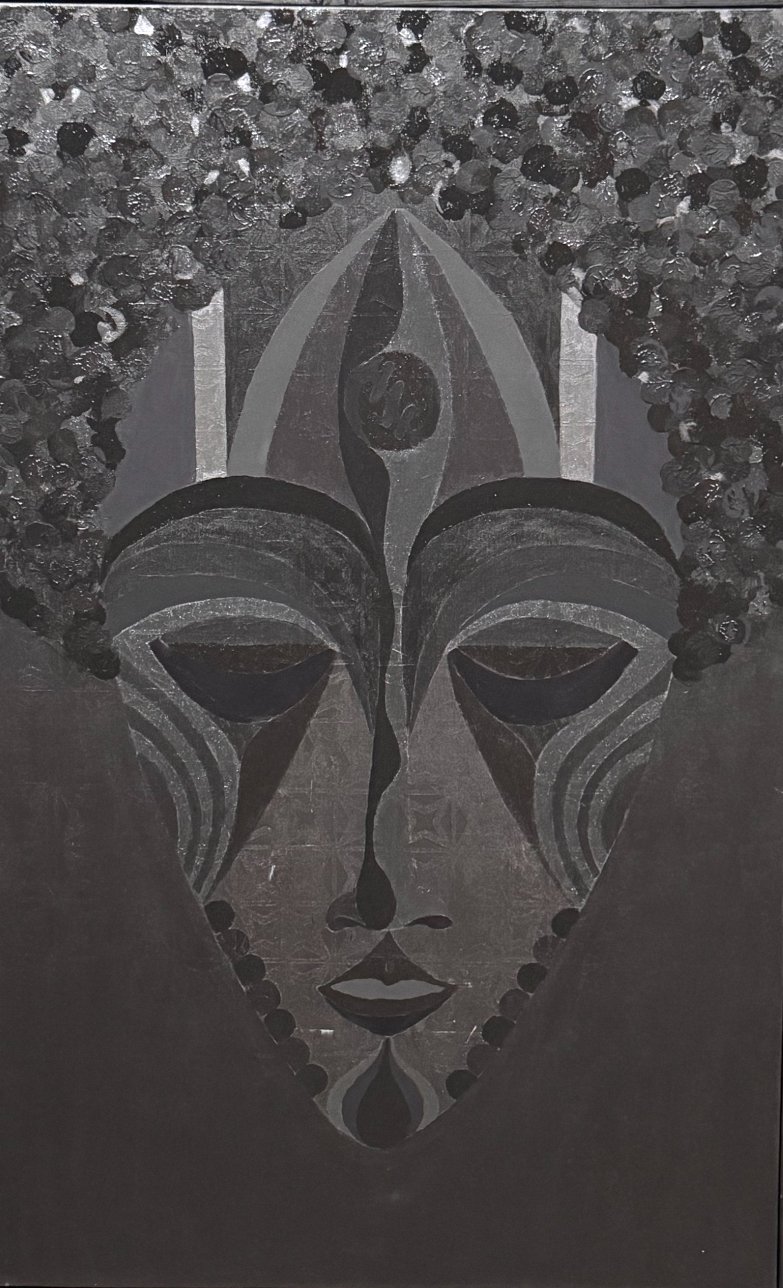 A monochrome painting of a stylized female face with tribal or cultural markings, surrounded by textured, abstract patterns.