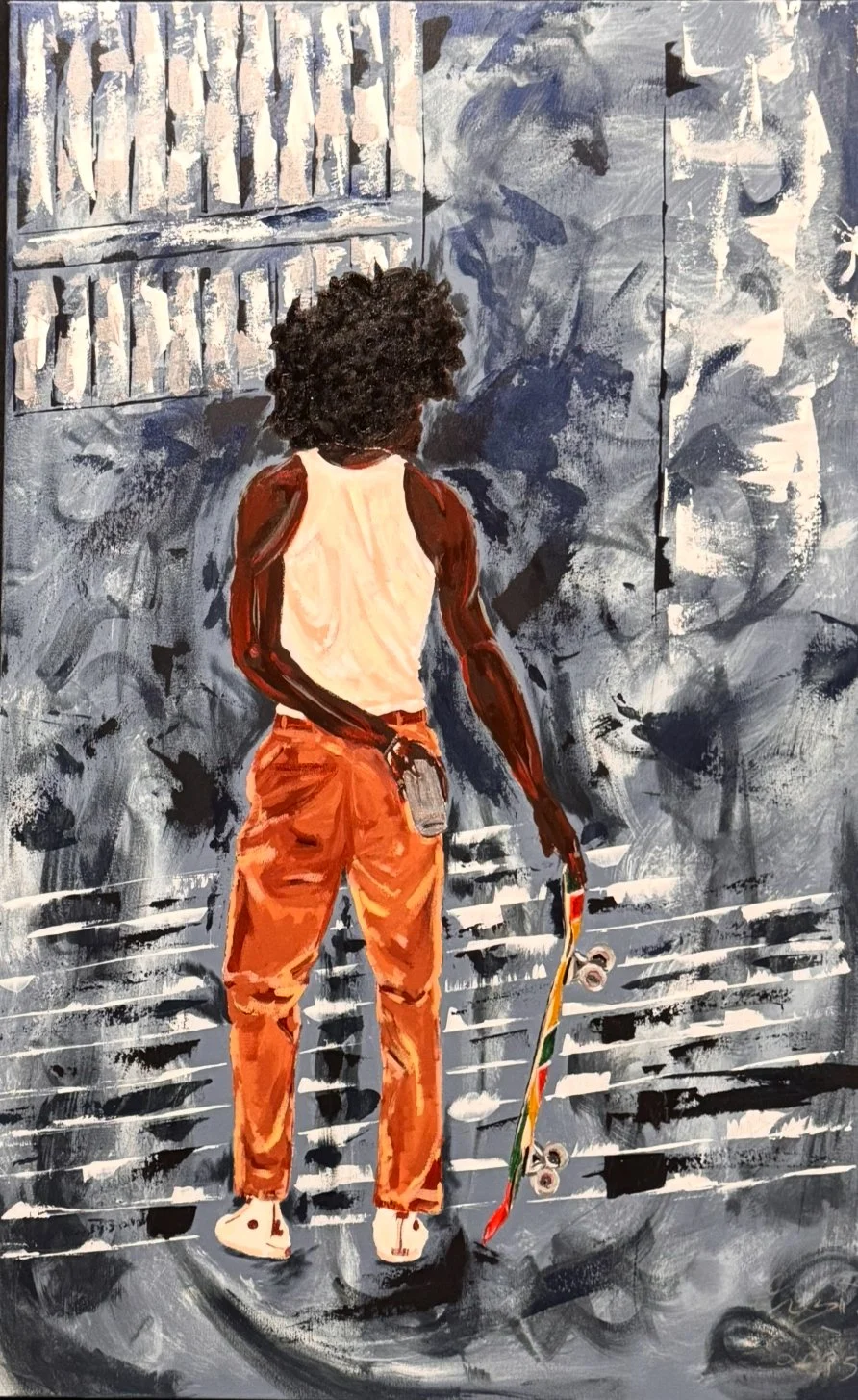 A painted image of a person with curly hair, wearing a sleeveless top and orange pants, standing with a skateboard on a gray and black background.