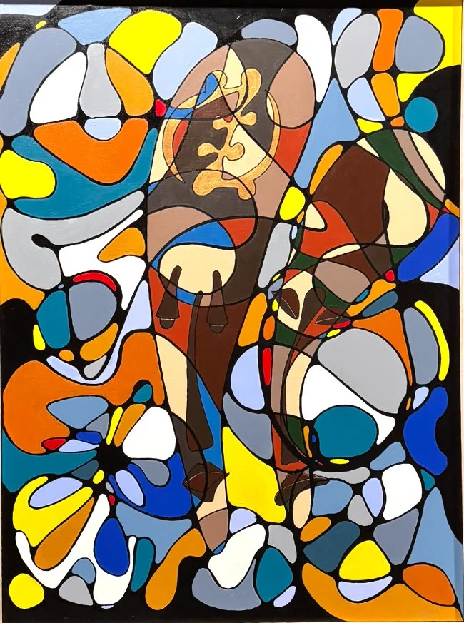 Abstract painting with colorful geometric shapes and line work, including a faint depiction of a person's face or figure in the center.
