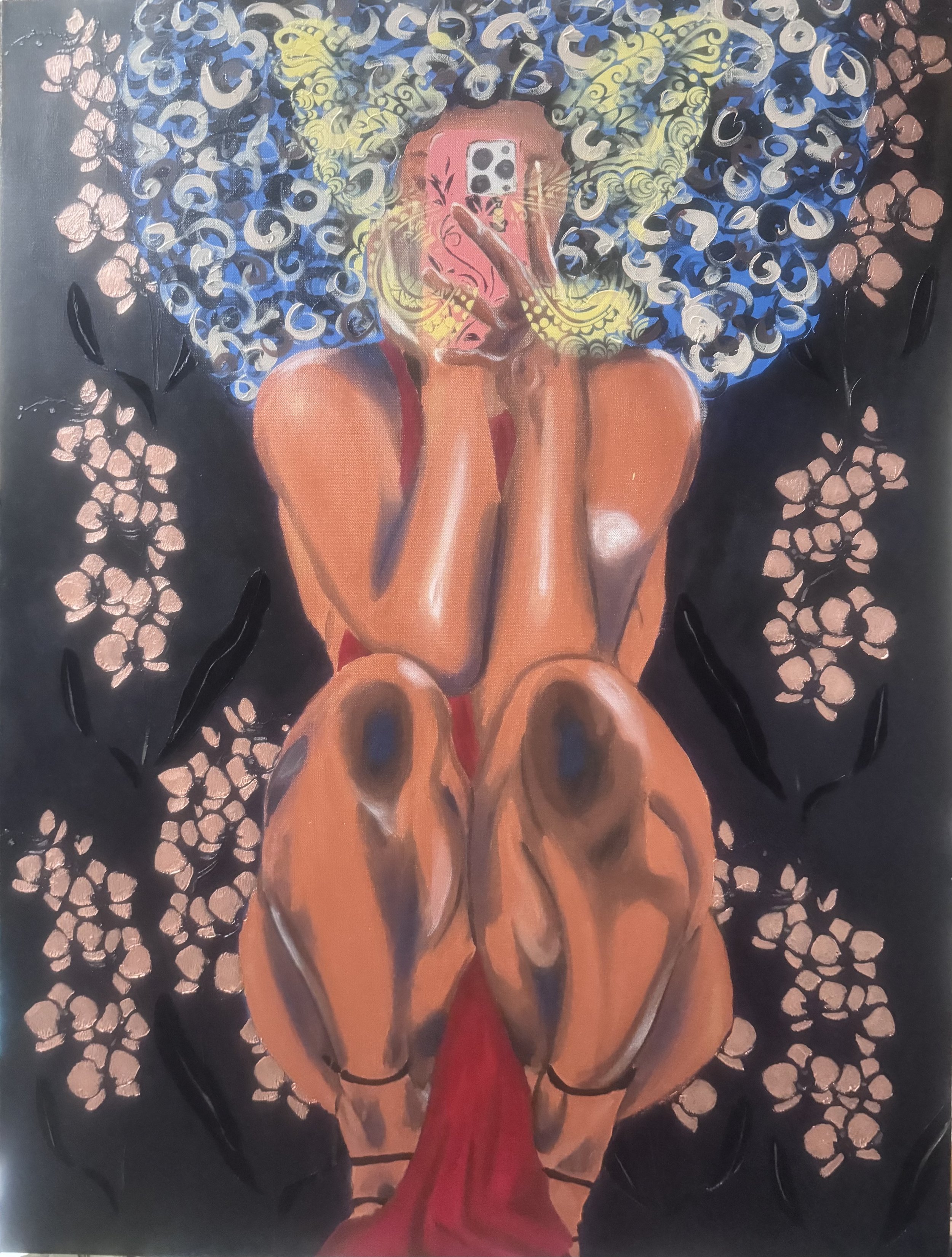 A painting of a nude woman sitting with legs folded. She is holding a phone with a dice pattern over her face, taking a selfie. Her hair is styled in illuminated curly shades of blue, white, and yellow. The background is black with pink and black flo