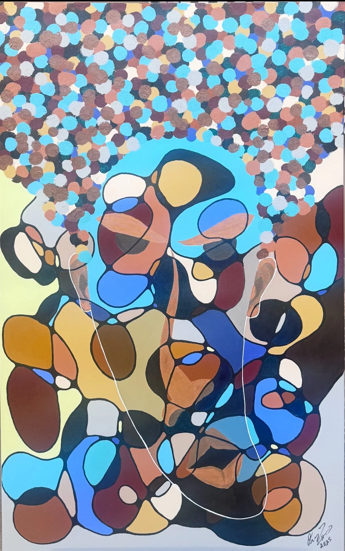 Abstract artwork with a colorful mosaic of irregular shapes in shades of blue, brown, black, white, and beige, depicting a stylized face with a large blue backdrop, and a cluster of small circles resembling a ball of confetti or bubbles at the top.