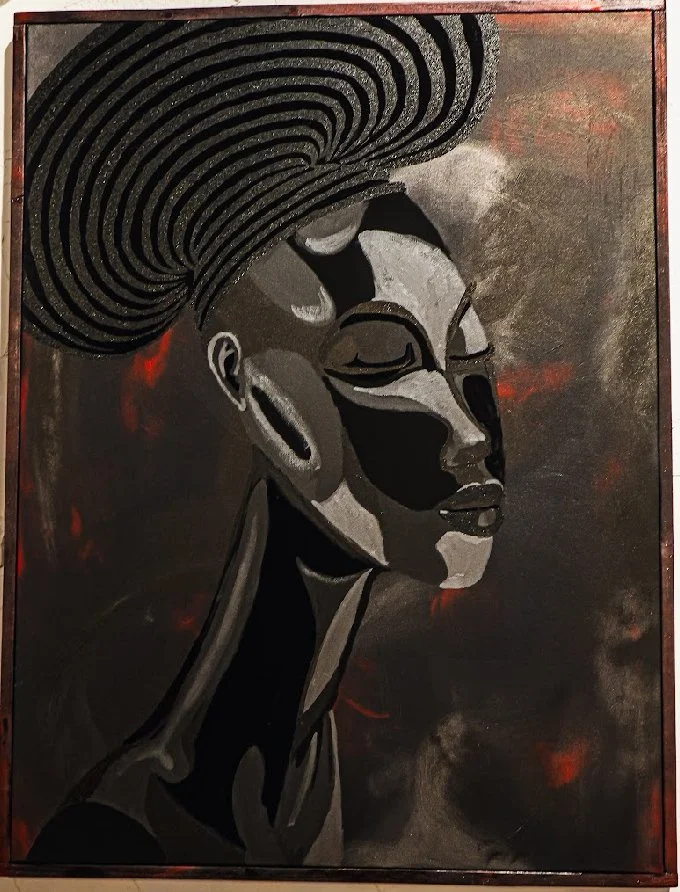 Painting of a woman with closed eyes, with an African crowned head piece