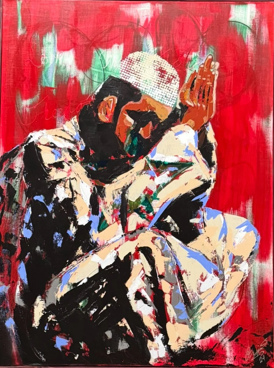 An abstract painting of a man in prayer, wearing a white cap and beige clothing, set against a red background.